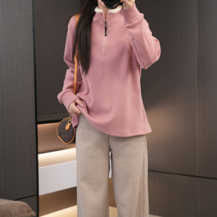 200斤胖妹妹休闲加绒加厚打底衫 卫衣 设计感半拉链毛毛领大码 冬季