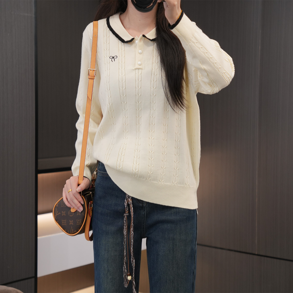 闭眼入加厚撞色翻领大码针织毛衣