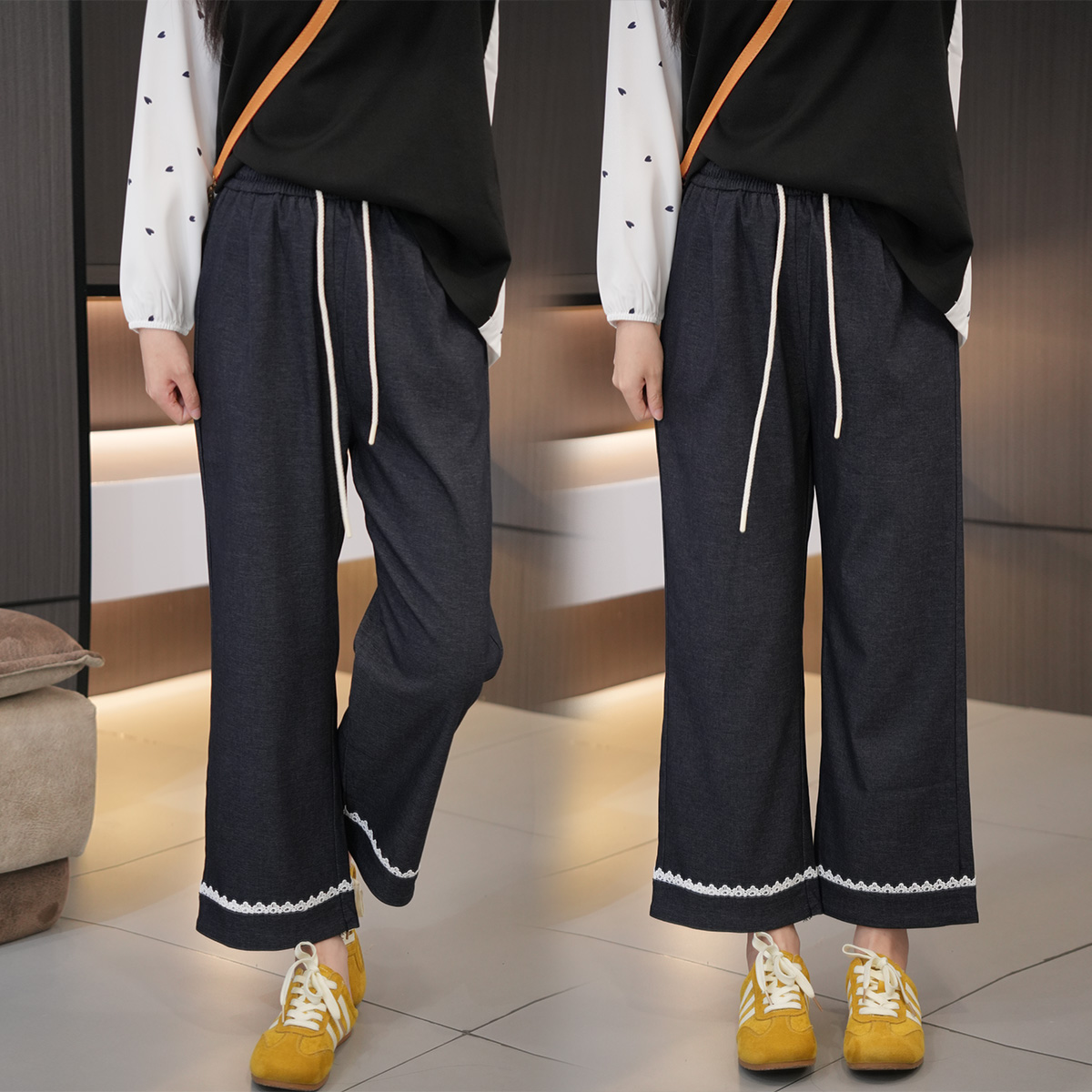 早秋必入松紧腰抽绳花边阔腿裤