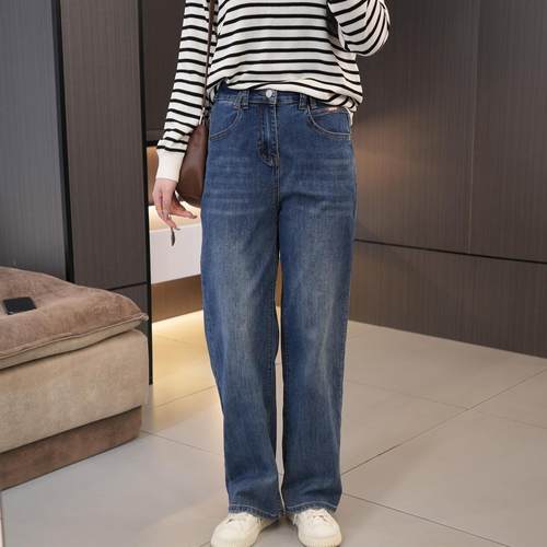 胖mm必入高腰显瘦直筒拖地牛仔裤