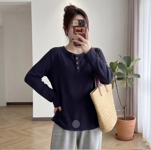 胖mm基础款 百搭宽松纽扣打底衫 长袖 早春经典 T恤200斤大码 2026新款
