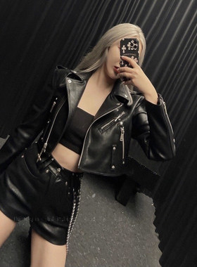 外套短款女修身拉链机车夹克女