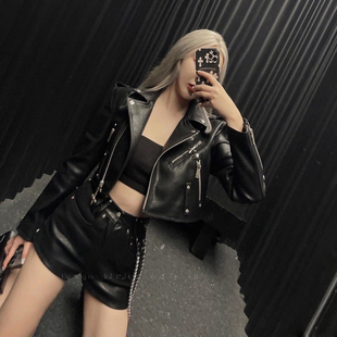 新款 女修身 摇滚个性 领外套短款 拉链机车夹克女 休闲pu皮衣西装 春季