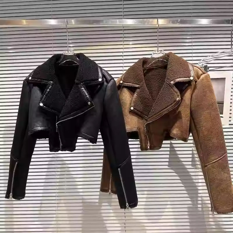 网红同款短款皮衣外套女仿羊羔毛