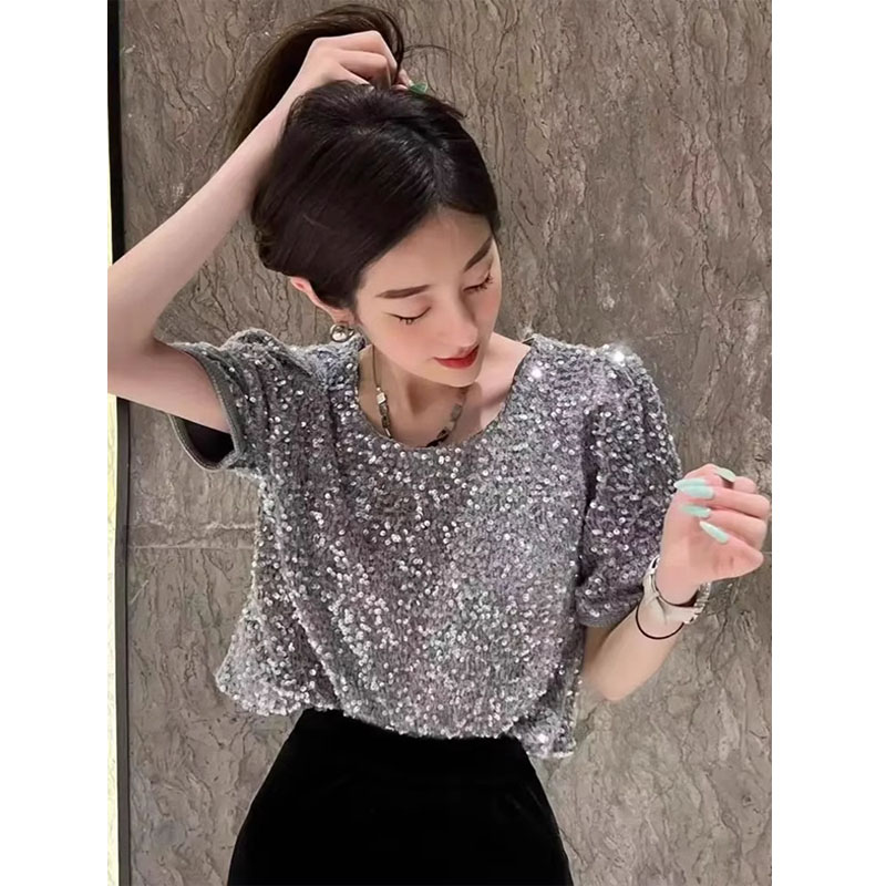短袖设计感常规亮片女装短款上衣