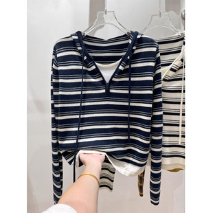 高级感假两件连帽条纹半拉链针织衫女2026春季新款韩版宽松上衣潮