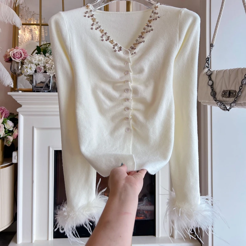 气质小众甜美鸵鸟毛长袖针织衫