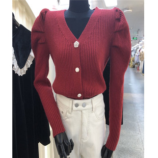 新款韩系穿搭修身短款V领针织开衫收腰减龄黑色毛衣外套女士