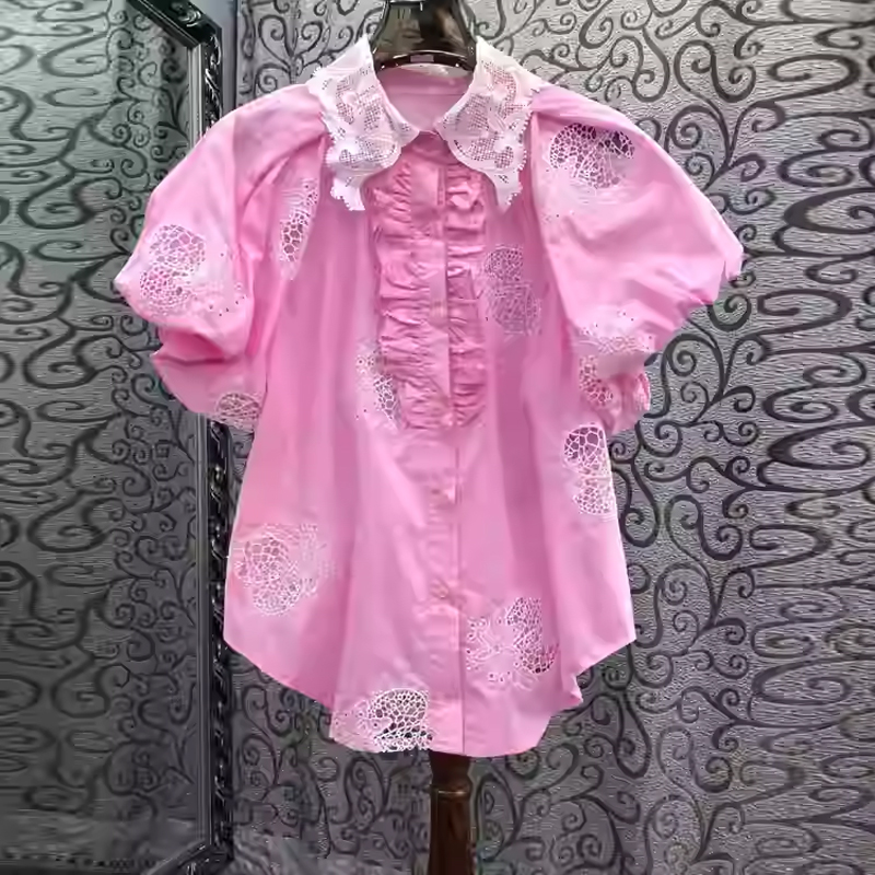 刺绣翻领泡泡袖衬衫小众显瘦上衣