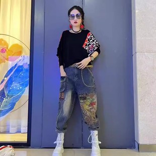 高腰显瘦老爹裤 女春夏新款 印花烫钻钉珠哈伦牛仔裤 欧货重工个性