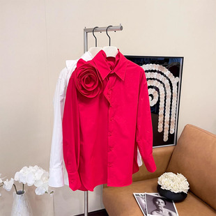 早春手工立体玫瑰花朵复古宽松休闲气质长袖 女 高支纯棉衬衫