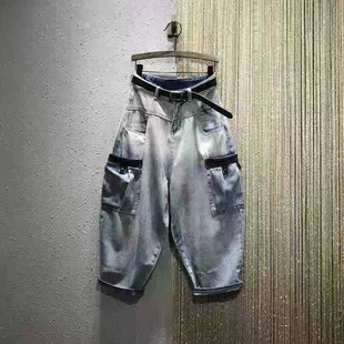 大口袋阔腿牛仔哈伦老爹垮裤 欧洲站秋装 工装 松紧腰宽松大码 女 新款