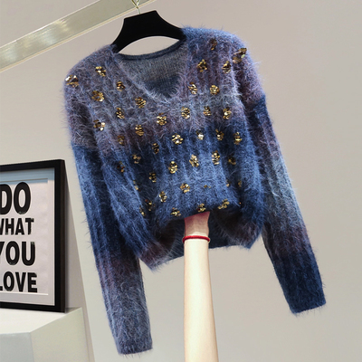 亮片高腰短款马海毛长袖针织衫