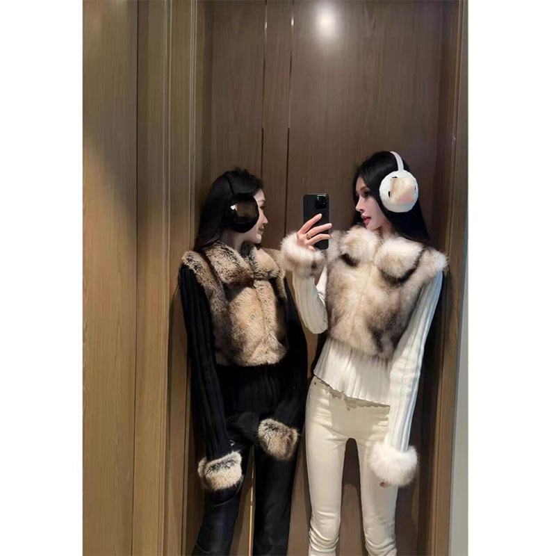 美式假两件毛毛拼接皮草毛衣外套