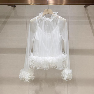 轻奢减龄独特荷叶花边透视上衣两件套 女2026春季 法式 千金风白衬衫