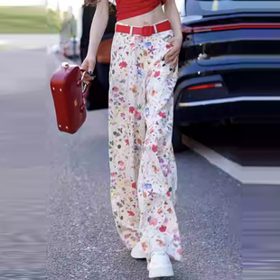 2026年夏款碎花斑点拼接油画牛仔裤女高腰宽松显瘦白色直筒长裤子