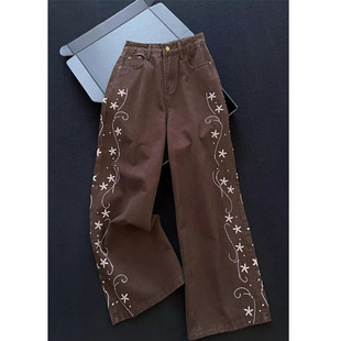 裤 设计感侧边绣花咖色牛仔裤 型超好看 版 子女 冬加厚2025新款