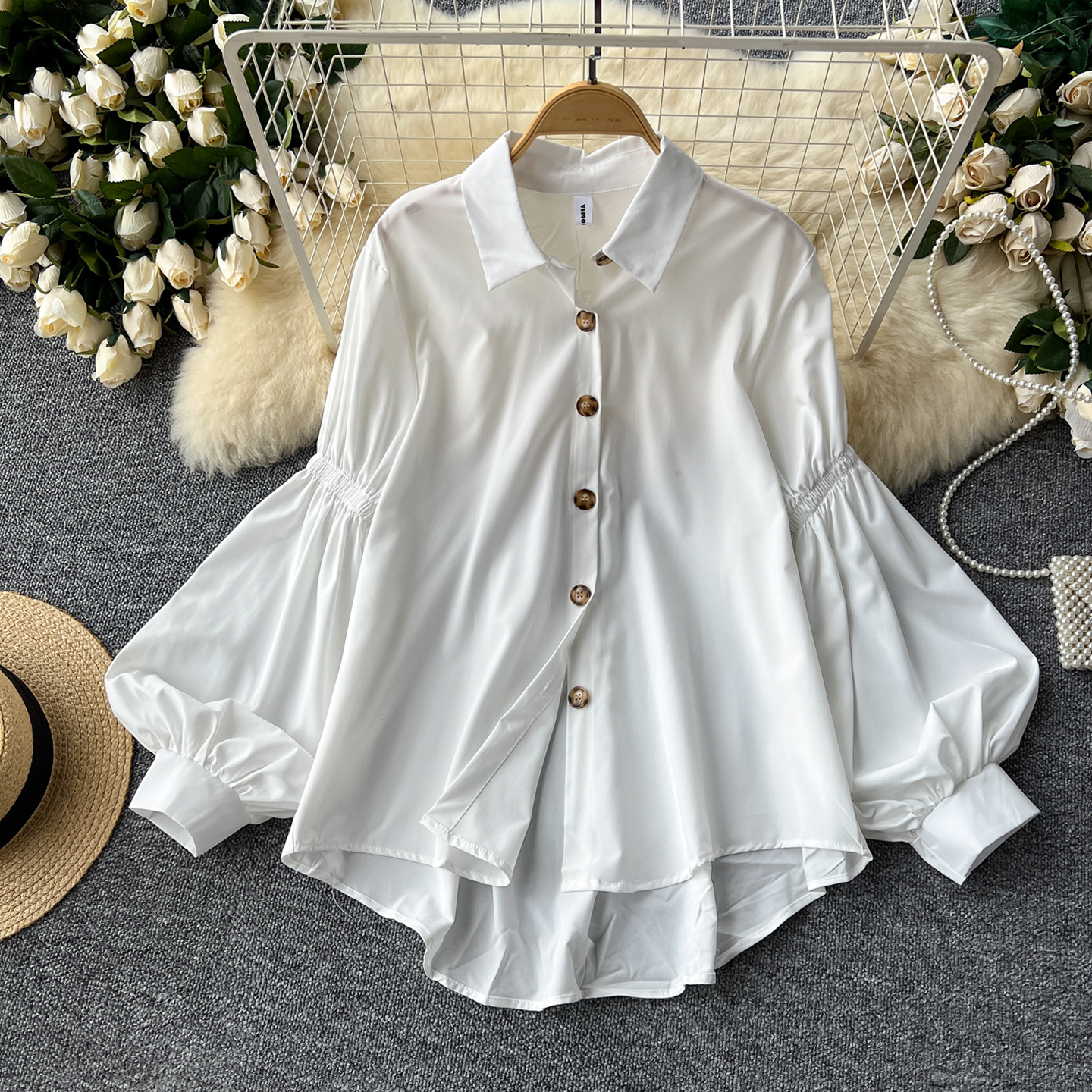 宽松灯笼袖上衣小清新翻领衬衣