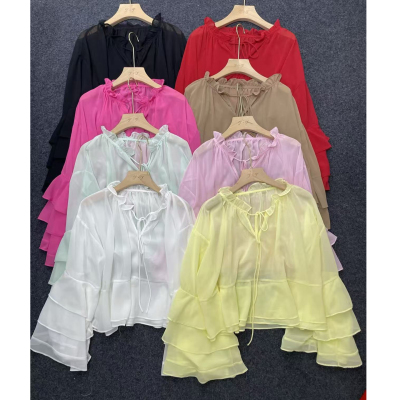 规则设计感甜美减龄飘带长袖衬衫