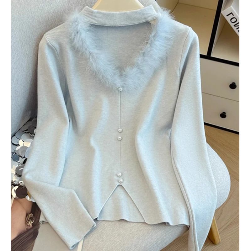 气质毛茸茸挂脖镂空T恤针织衫