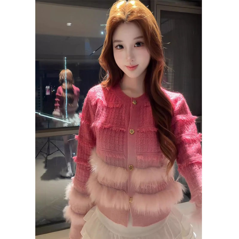 小香风粉色渐变长袖针织开衫外套女设计感气质短款毛毛上衣,女装/女士精品,毛针织衫,淘宝优惠券,粉丝福利购,淘宝优惠卷