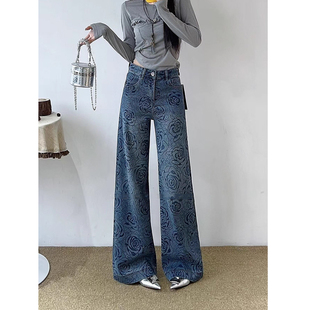 高品牛仔裤 欧货2026春季 阔腿直筒女装 重工烫钻玫瑰花朵窄版 女 新款