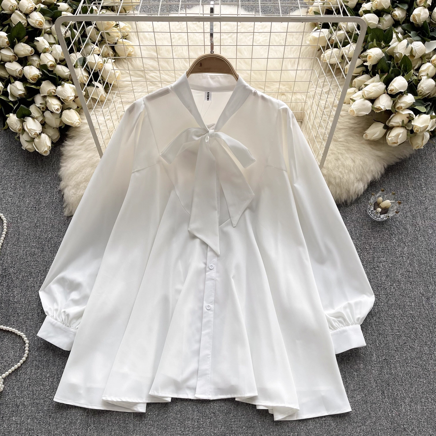 白色衬衫系蝴蝶结时尚洋气中长款