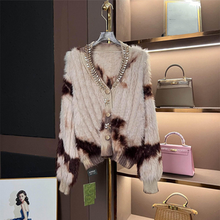 高级感软糯镶钻双面编织大衣仿水貂绒撞色晕染高密版开衫外套春季