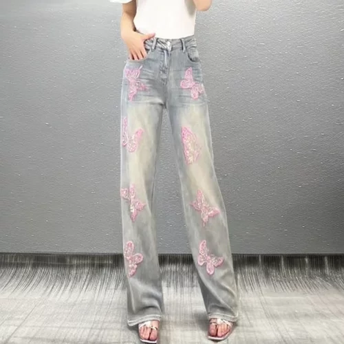 阔腿裤浅粉蝴蝶刺绣时尚牛仔裤女