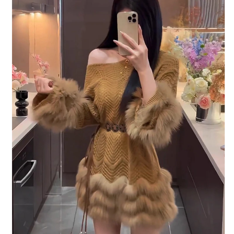 休闲百搭气质毛绒绒针织连衣裙女