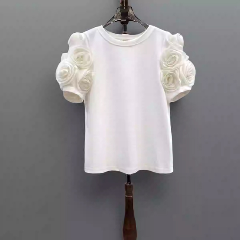 法式简约立体花朵泡泡袖t恤女