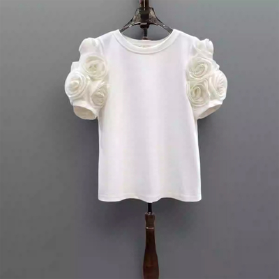 法式简约立体花朵泡泡袖t恤女