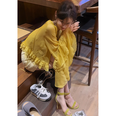 法式喇叭袖雪纺衬衫女薄款宽松