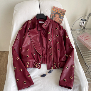 甜酷时尚辣妹高级感镂空金属圆圈立领拉链长袖皮衣外套女短款夹克