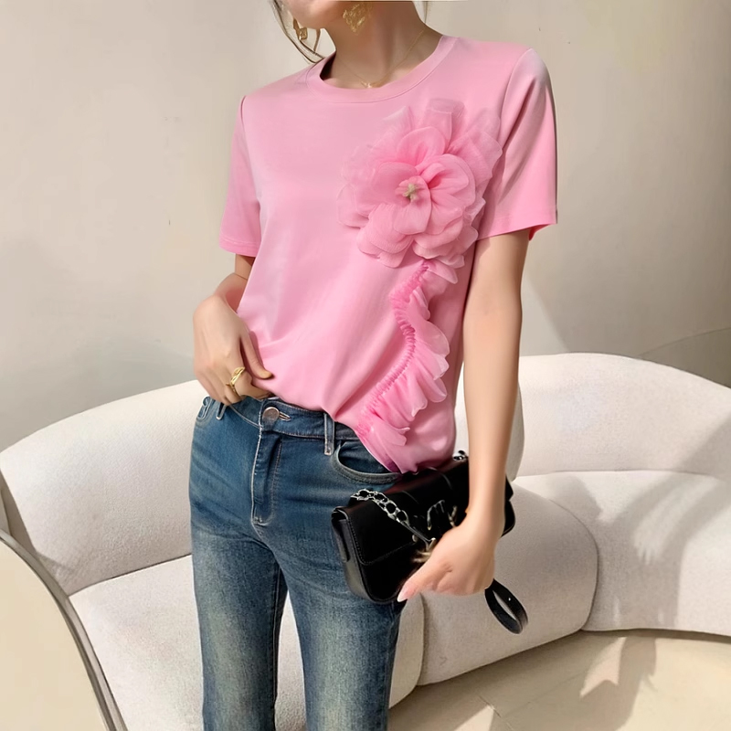 时尚立体花朵盘花t恤女2025夏季