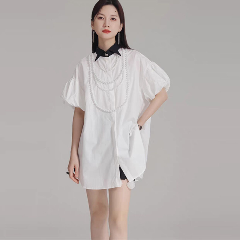 法式慵懒风泡泡袖珍珠饰衬衫女夏