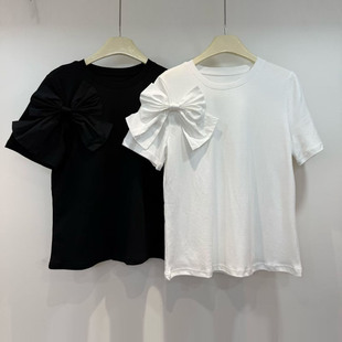 立体蝴蝶结短袖常规T恤夏韩版宽松圆领纯色休闲弹力百搭上衣
