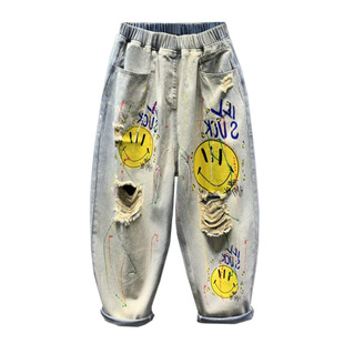 潮 女高腰宽松阔腿哈伦裤 欧货2025春夏新款 破洞浅蓝色牛仔老爹垮裤