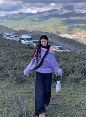 一字肩翻领珠片毛衣女厚紫色慵懒高级感渐变针织衫设计感重工毛衫