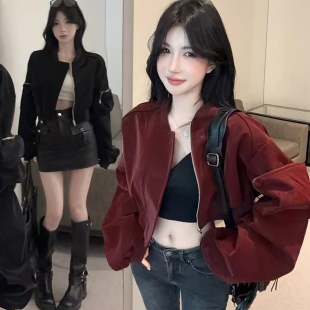 炫酷漆皮亮面PU皮衣外套女春季新款辣妹工装立体大口袋棒球服