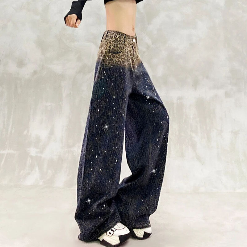 拼色烫钻豹纹休闲牛仔裤女春新款高腰宽松显瘦百搭直筒阔腿拖地裤