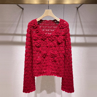 法式复古立体花朵红色针织衫女春春季新款高级感修身显瘦毛衣上衣