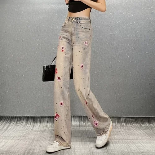 牛仔裤烫钻绣花印花重工阔腿长裤