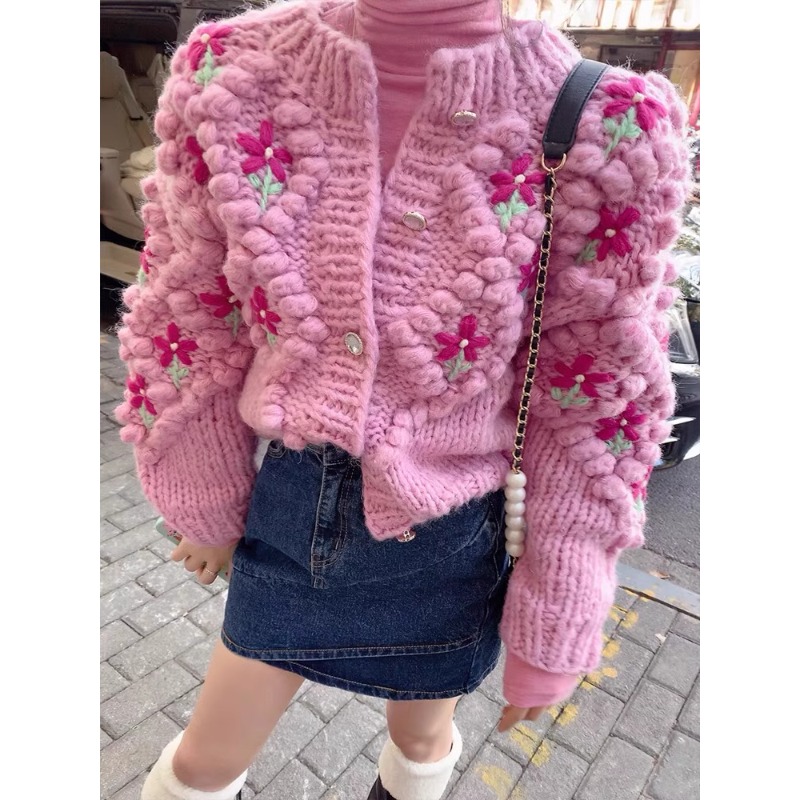 钩花开衫短款毛衣女甜美圆领宽松