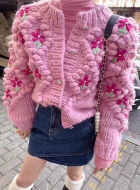 钩花开衫短款毛衣女甜美圆领宽松