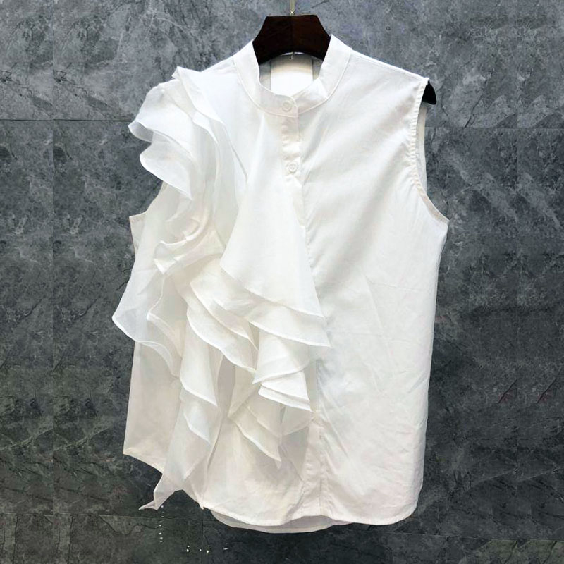 宽松法式开衫无袖雪纺荷叶边衬衫