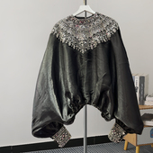 韩版 2026春季 显瘦纯色亮片收腰圆领衬衣 套头衬衫 重工钉珠亮面长袖