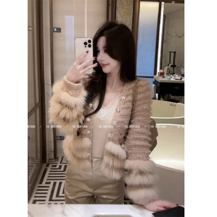 财阀千金风毛袖V领毛衣外套女小香风名媛皮草针织开衫上衣