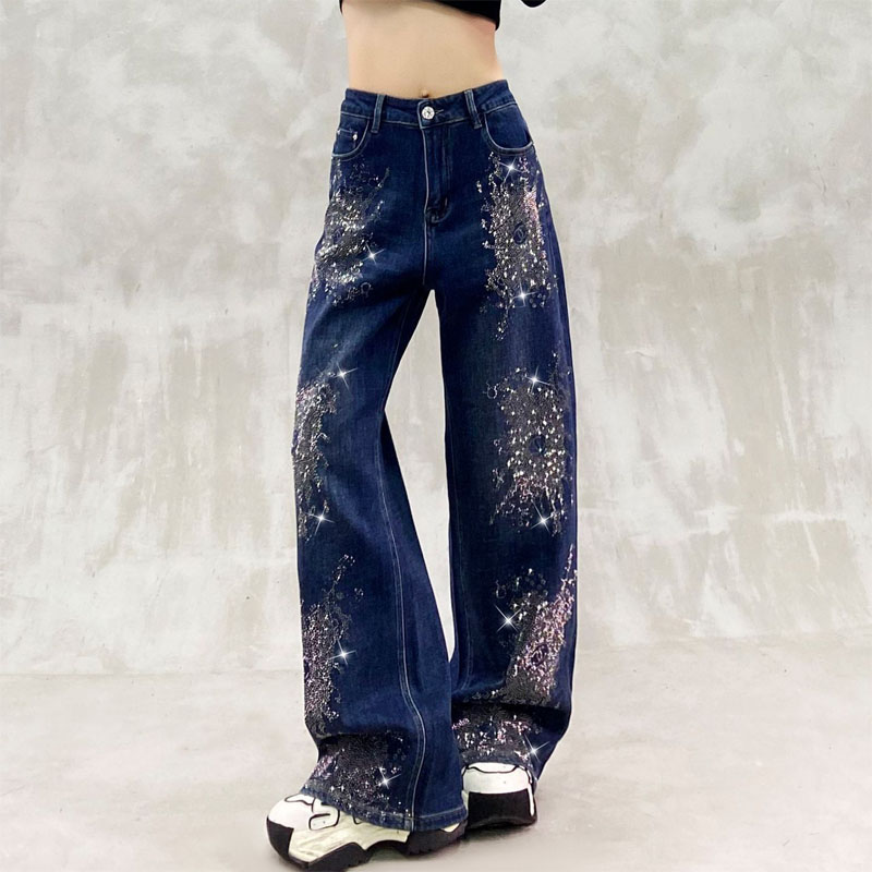 高腰显瘦深蓝直筒裤牛仔裤长裤