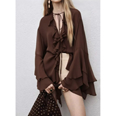 薄上衣 宽松V领辣妹性感荷叶边长袖 雪纺开衫 女网纱薄款